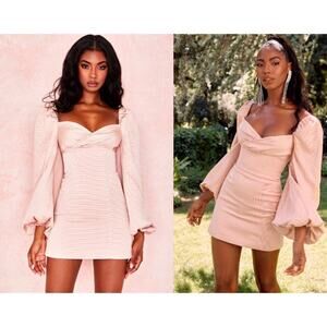 House Of CB Aliyah Damask Mini Dress Balloon Sleeve Blush Women's Size L NWT